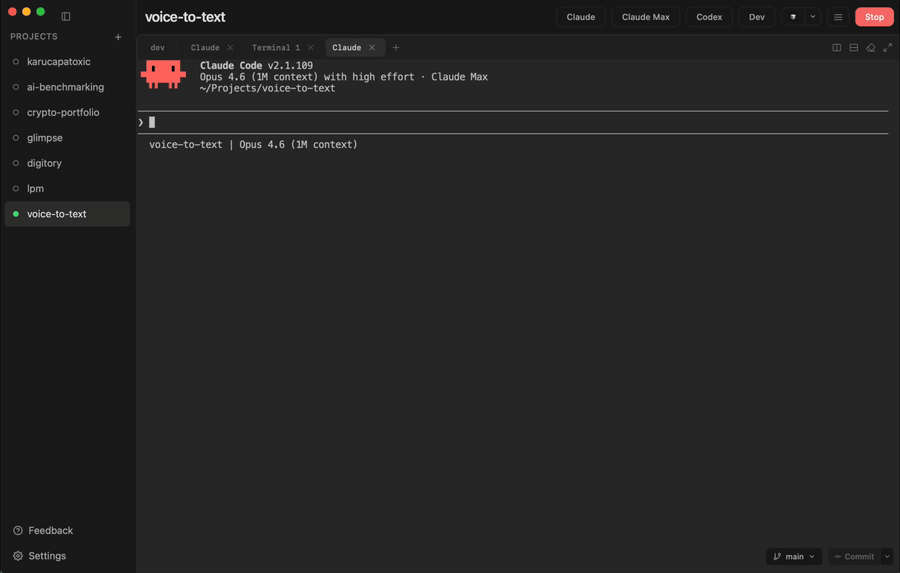 VoiceToText demo: user holds Option plus Space and speaks a prompt; transcribed text is typed into Claude Code in real time on macOS. Menu-bar icon shows recording state.